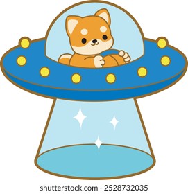 Cute puppy kawaii dog lovely animal halloween vector. Fluffy Shiba Inu pet stickers. Happy doggy activities illustrations.
Shiba Inu in the alien ship or UFO