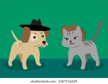 Cute puppy and kitten dressed as cowboys