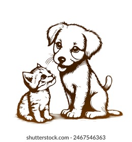 Cute puppy and kitten. favorite pet. flat vector illustration on white background