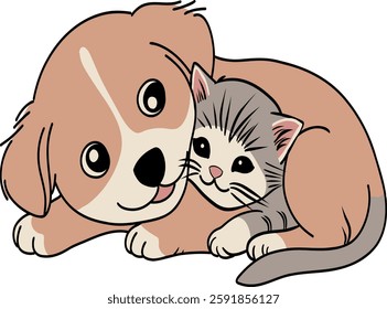 Cute Puppy and Kitten Friendship - Heartwarming Pet Illustration