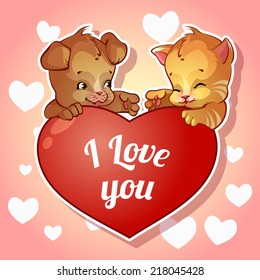 Cute puppy and kitten with hearts for Valentine's Day