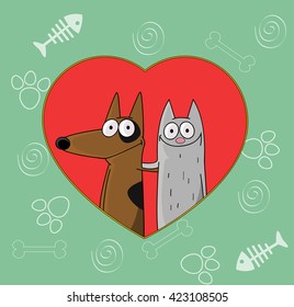 Cute puppy and kitten hugging each other. Conceptual image of friendship, love. Vector