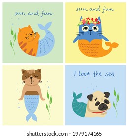 Cute puppy and kitten mermaid, vector doodle illustration in the flat for kids