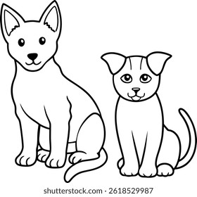 Cute Puppy and Kitten Sitting Together Line Art Vector for Coloring Pages, Adorable Pets Black and White Printable Clipart, Kids Activity Sheets, Pet-Themed Nursery and DIY Decor