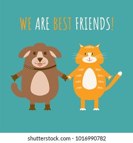 Cute puppy and kitten together. Vector illustration of little brown dog and ginger cat.
