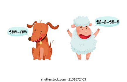 Cute puppy and lamb baby animals making sounds set cartoon vector illustration