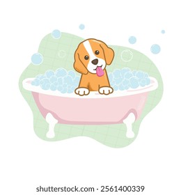 cute puppy in a light pink bath on a light green background
