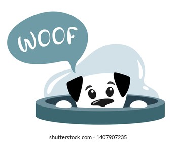 Cute puppy looks out of the pipe and barks. The dog in the tube. Vector illustration on white background.