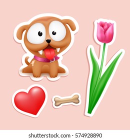 Cute Puppy In Love, tulip flower, big red heart, small bone. Set of cute stickers color vector.