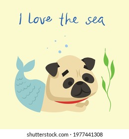 Cute puppy mermaid, vector doodle illustration in the flat for kids