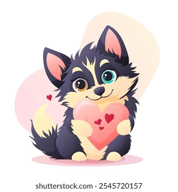 A cute puppy with multicolored eyes holding a heart with small red hearts, vector illustration in cartoon style on a white background. A perfect choice for love and Valentine Day themes.


