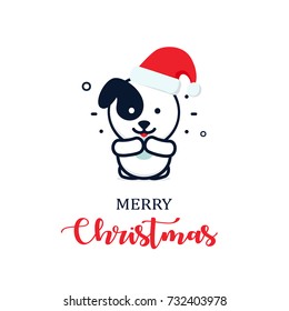 Cute puppy in a New Year hat. Christmas character illustration. New year vector minimalistic logo.