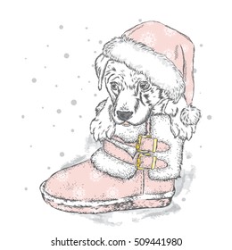 Cute puppy in a New Year's boot. Vector illustration for a card or poster. Pedigree dog.
