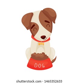 Cute puppy next to a bowl. Vector illustration on white background.