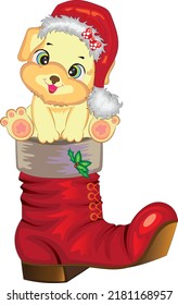 Cute puppy on santa boot.Red santa shoes.Hand drawn vector illustration.