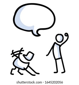 Cute puppy and owner throwing ball stick figure with speech bubble vector clipart. Bujo bullet journal style cartoon dog lover training game. Friendship between stick man and pooch. EPS 10. 