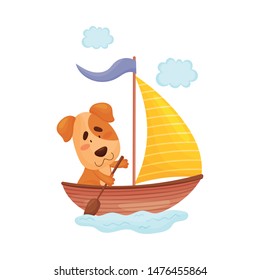 Cute puppy with a paddle swims in a boat. Vector illustration on white background.