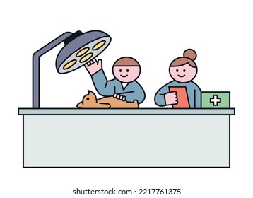 A cute puppy patient is lying on the operating table of a veterinary hospital. The veterinarian and nurse are looking at the puppy. flat vector illustration.