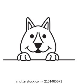 Cute puppy paws up over wall.Dog hanging on border.Outline vector illustration. Isolated on white background.