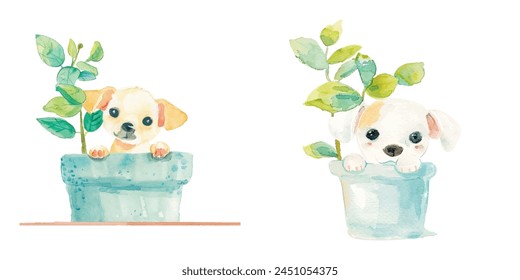 cute puppy peeking out from pot watercolor vector illustration