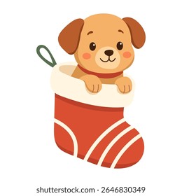 : A cute puppy peeking out of a red Christmas stocking. The puppy in the Christmas stocking brings a warm and joyful holiday spirit.