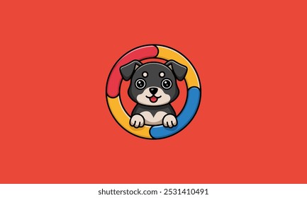 Cute puppy peeking through a colorful ring.