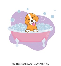 cute puppy in a pink bath on a purple background