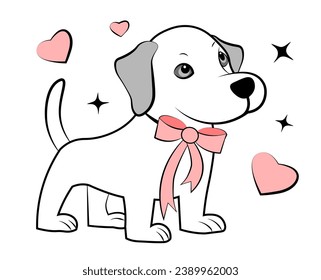 Cute puppy with pink bows on white background