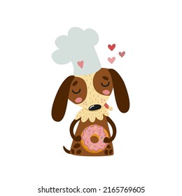 Cute puppy with pink donut. Funny little dog  in a chef hat holding cookie. Cartoon pet, animal profession, bakery concept. Hand drawn vector illustration for kids, isolated on white. Flat design  