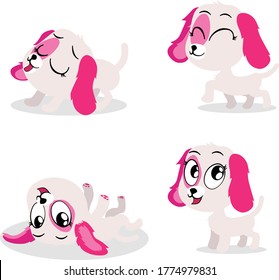 A cute puppy with pink ears in four adorable pose.