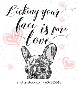 Cute puppy with pink hearts and love sign. Vector illustration for a card or poster. Valentine's Day.