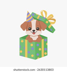 Filhote bonito brincando saindo de uma caixa de presente envolta com brilho. Ilustração vetorial de festa de aniversário para cartão de saudação, convite, evento, cartaz, adesivo, impressões.Ilustração vetorial