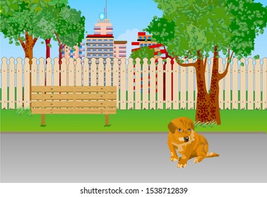 Cute puppy playing in the backyard. Vector illustration with my best friend.