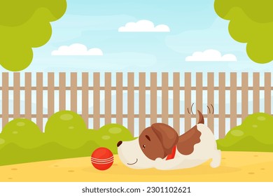 Cute Puppy Playing Ball on Green Lawn Behind Fence Vector Illustration