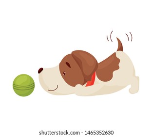 Cute puppy playing ball. Vector illustration on white background.