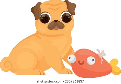 Cute puppy playing with dog toy. Cartoon pet isolated on white background