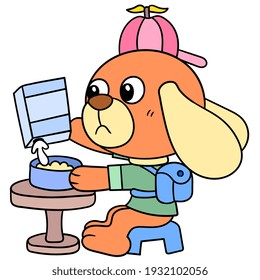 lindo cachorro está preparando su cereal de desayuno, ilustración vectorial art. doodle imagen kawaii.