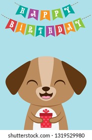 Cute puppy with a present in paws. Happy birthday card or party invitation with cartoon dog. Vector illustration