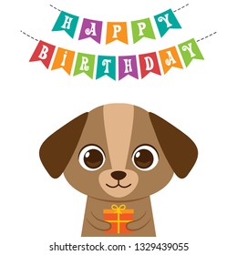 Cute puppy with a present in paws. Happy birthday card or party invitation with cartoon dog. Vector illustration