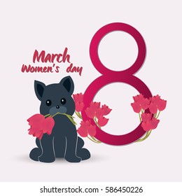 Cute puppy presents a bouquet of purple tulips.Vector illustration to the Women's Day (8th of March). Dog near number eight