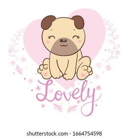 Cute puppy pug on a white background wants to play, vector card