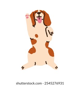 Lindo cachorro levantando la pata en pose amistosa juguetona. Adorable perro divertido, lengua fuera. Feliz perrito leal obediente en posición vertical, comando canino. Ilustración vectorial plana aislada sobre fondo blanco