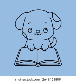 Cute puppy reading open book, kawaii cartoon vector illustration for kids and book lovers