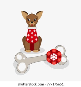 A cute puppy received a big bone as a gift for the New Year. A small dog in a red sweater with snowflakes. Congratulations on the New Year. Vector illustration.