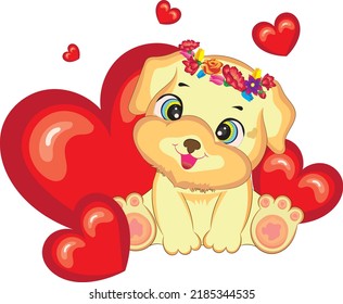 Cute puppy with red hearts.New year,Birthday, Valentine and Anniversary concept.Cartoon style hand drawn vector illustration.