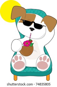 A cute puppy is relaxing in a lawn chair and enjoying a tropical drink