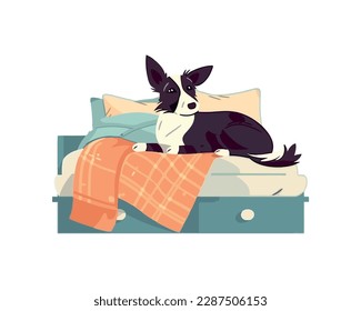 Cute puppy resting on soft bed icon isolated