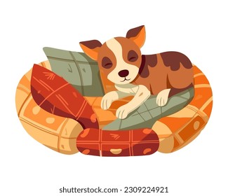 Cute puppy resting in pillows icon isolated