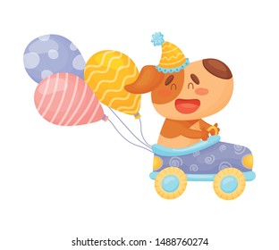 Cute puppy rides in a car. Vector illustration on a white background.