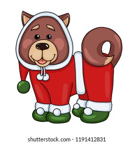 Cute puppy in Santa Claus costume for holiday invitation, Christmas party or New year greeting card, poster, banner, website, nursery printing, logo, icon Cartoon Christmas toy dog vector illustration